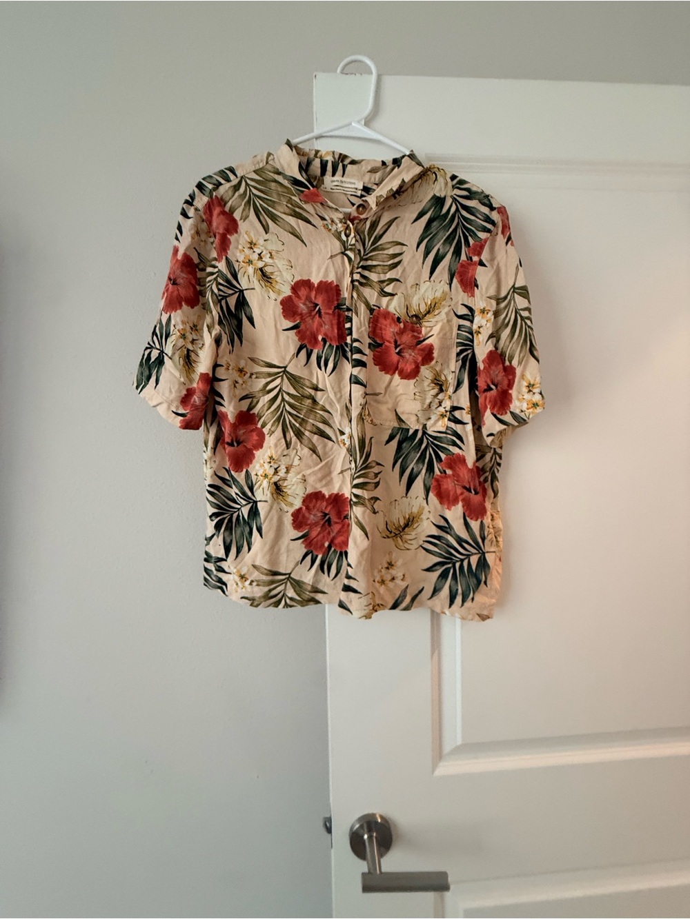 Urban Outfitters Beige Floral Button-Up with Red Bloom Print
